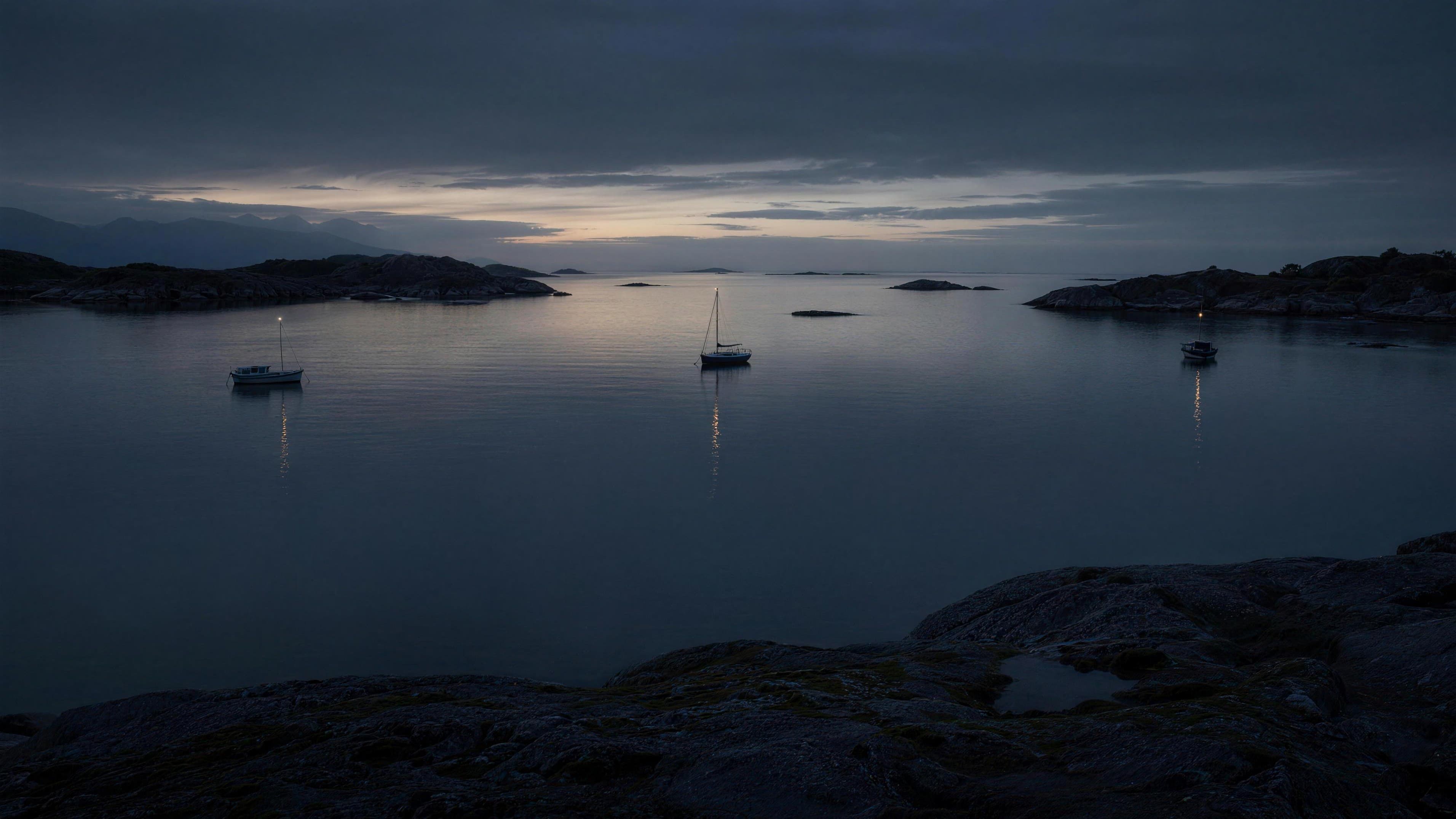 Skjermet vik i blåtimen med noen få ankrede båter med ankerlanterner.